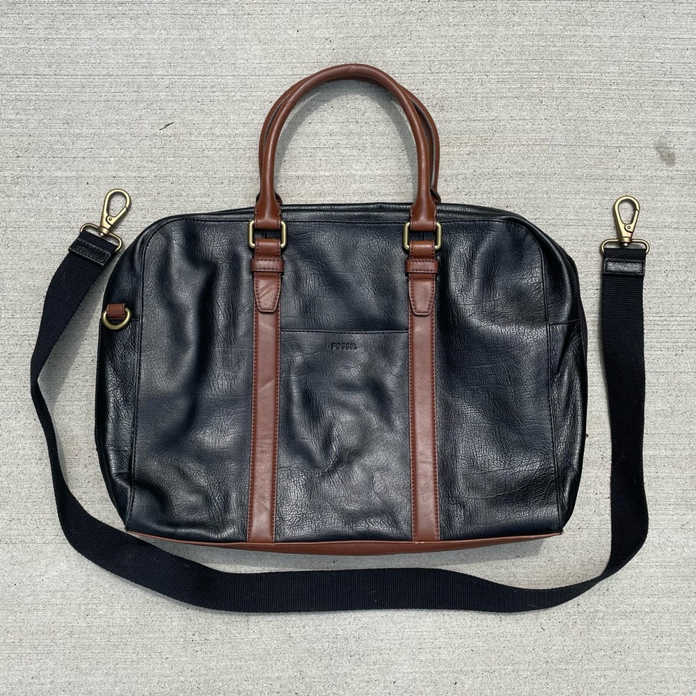 Fossil Leather Black & Cognac Laptop & Handbag